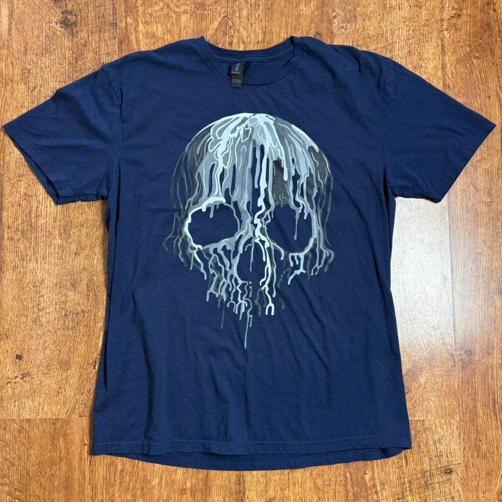 Gildan Navy Dripping Skull Graphic T-Shirt Skater Goth Grunge Mens Large